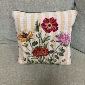 Vintage Floral Needlepoint Throw Pillow with Stripes 14x14” Floral Bouquet